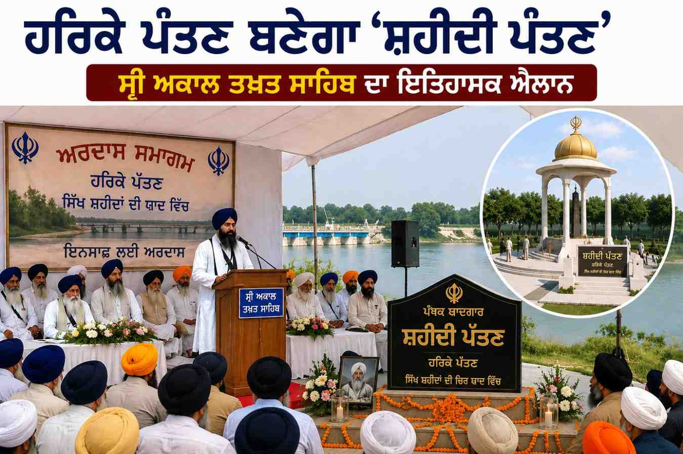 ਹਰਿਕੇ ਪੱਤਣ ਵਿਖੇ ਬਣੇਗੀ ‘ਸ਼ਹੀਦੀ ਪੱਤਣ’ ਯਾਦਗਾਰ, ਅਕਾਲ ਤਖ਼ਤ ਸਾਹਿਬ ਦਾ ਇਤਿਹਾਸਕ ਐਲਾਨ