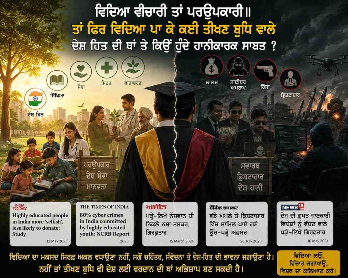 ਵਿਦਿਆ ਵੀਚਾਰੀ ਤਾਂ ਪਰਉਪਕਾਰੀ॥ ਤਾਂ ਫਿਰ ਵਿਦਿਆ ਪਾ ਕੇ ਕਈ ਤੀਖਣ ਬੁਧਿ ਵਾਲੇ ਦੇਸ਼ ਹਿੱਤ ਦੀ ਥਾਂ ਤੇ ਕਿਉਂ ਹੁੰਦੇ ਹਾਨੀਕਾਰਕ ਸਾਬਤ ?