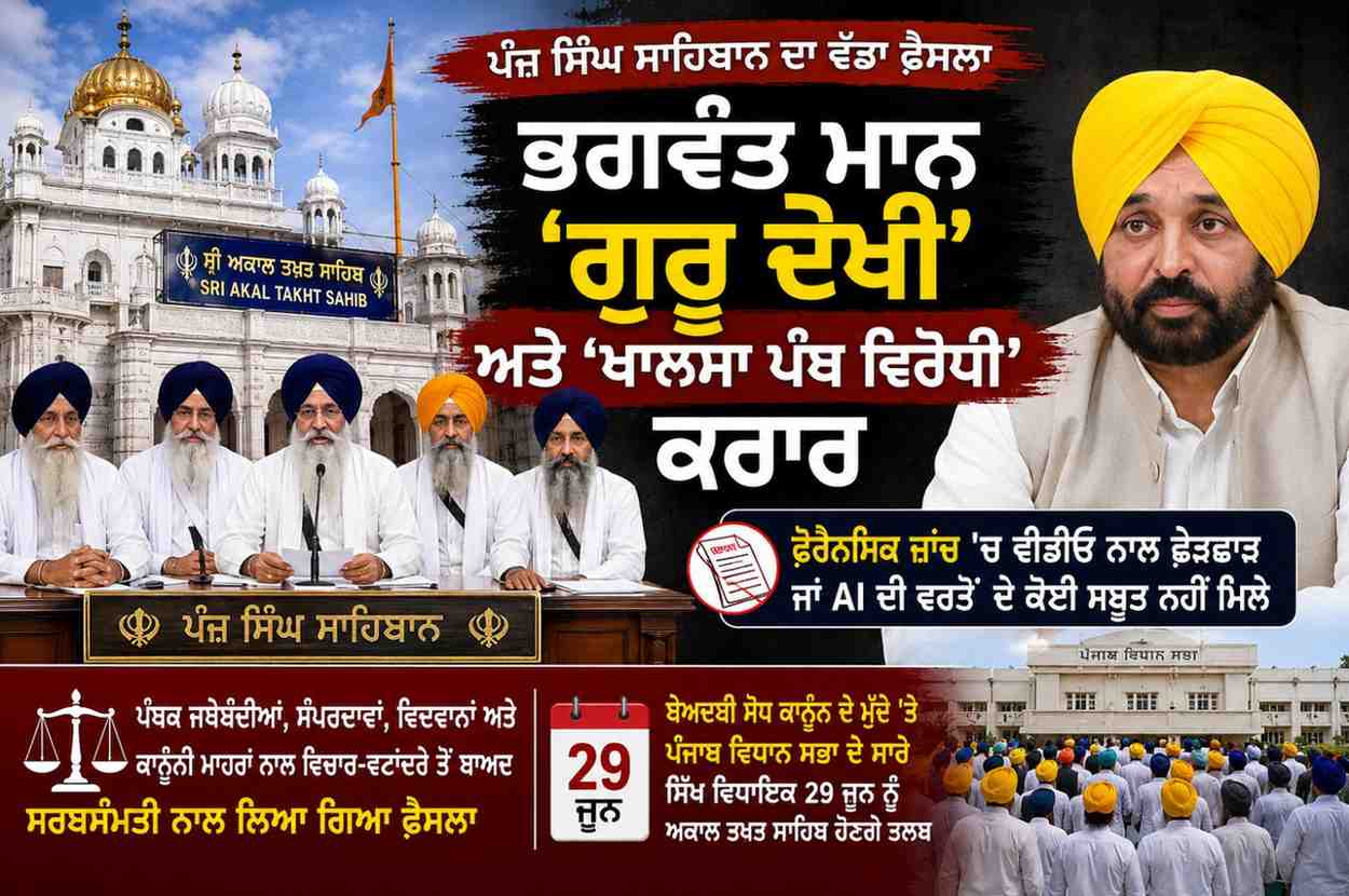 ਸ੍ਰੀ ਅਕਾਲ ਤਖ਼ਤ ਸਾਹਿਬ ਵੱਲੋਂ ਮੁੱਖ ਮੰਤਰੀ ਭਗਵੰਤ ਮਾਨ ‘ਗੁਰੂ ਦੋਖੀ’ ਅਤੇ ‘ਖਾਲਸਾ ਪੰਥ ਵਿਰੋਧੀ’ ਕਰਾਰ