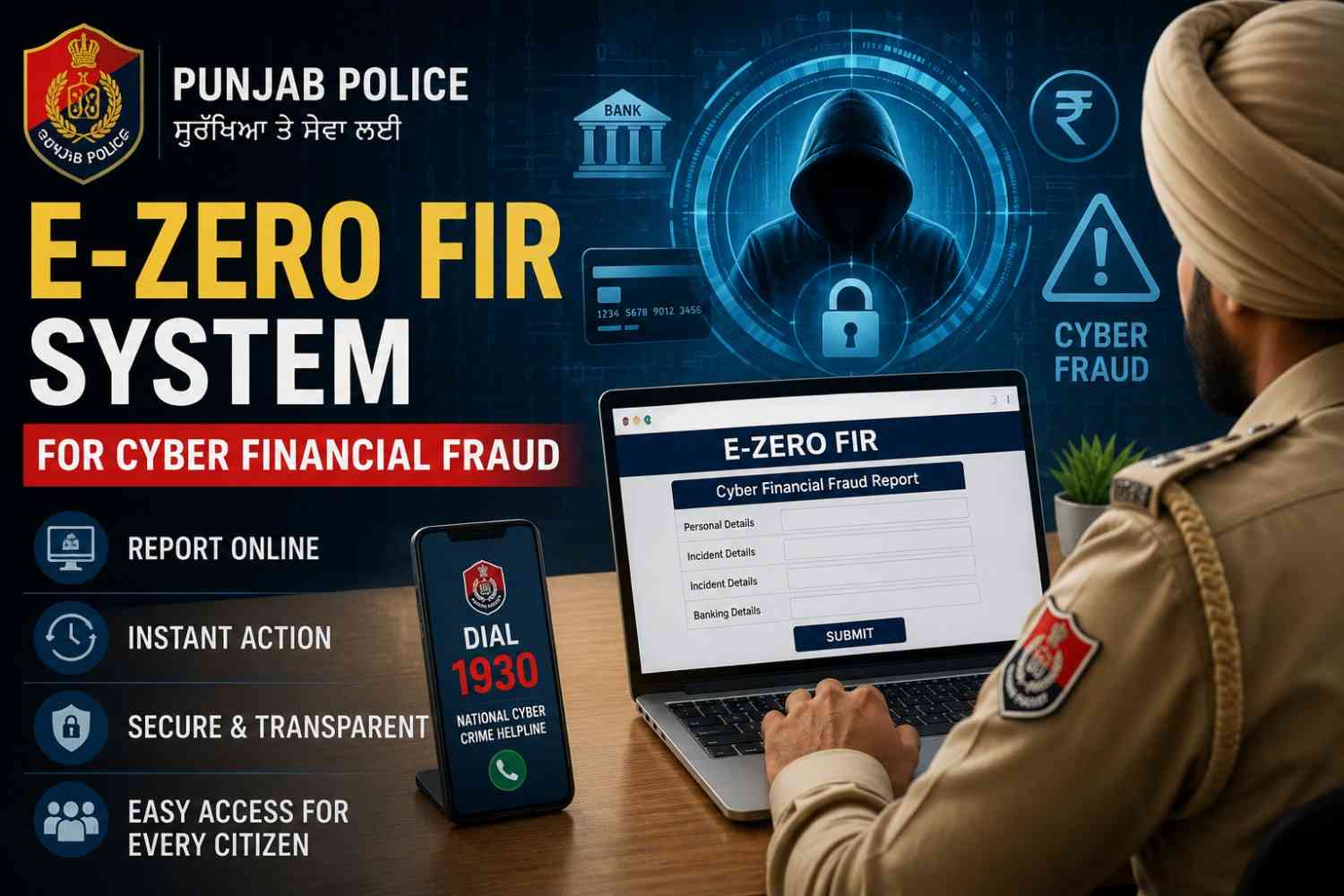 ਸਾਈਬਰ ਵਿੱਤੀ ਧੋਖਾਧੜੀ 'ਤੇ ਨਕੇਲ ਕੱਸਣ ਲਈ E-Zero FIR ਪ੍ਰਣਾਲੀ ਲਾਗੂ, ਪੀੜਤਾਂ ਨੂੰ ਮਿਲੇਗੀ ਤੁਰੰਤ ਕਾਰਵਾਈ ਦੀ ਸਹੂਲਤ