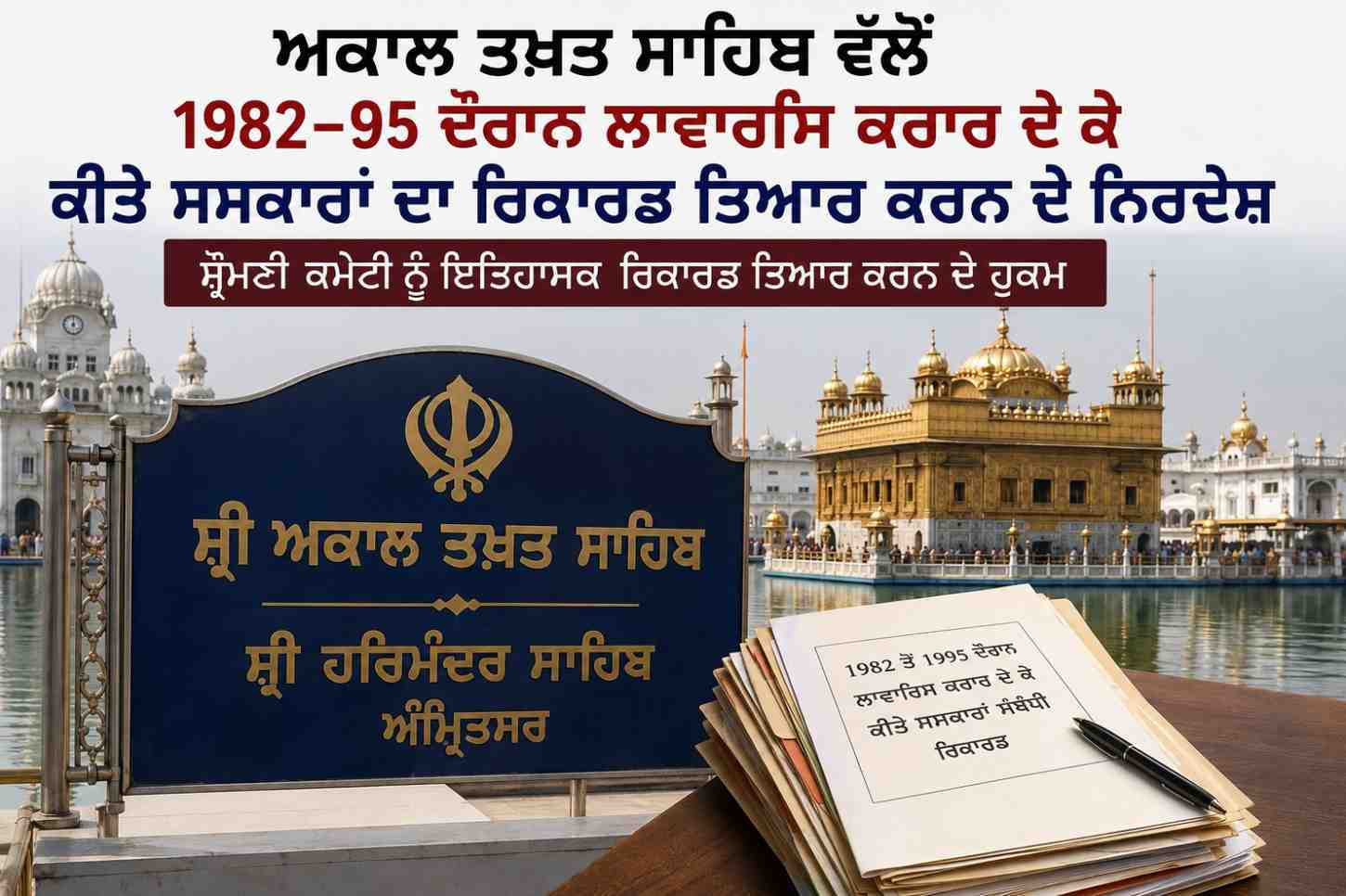 ਅਕਾਲ ਤਖ਼ਤ ਸਾਹਿਬ ਵੱਲੋਂ 1982–95 ਦੌਰਾਨ ਲਾਵਾਰਿਸ ਕਰਾਰ ਦੇ ਕੇ ਕੀਤੇ ਸਸਕਾਰਾਂ ਦਾ ਰਿਕਾਰਡ ਤਿਆਰ ਕਰਨ ਦੇ ਨਿਰਦੇਸ਼